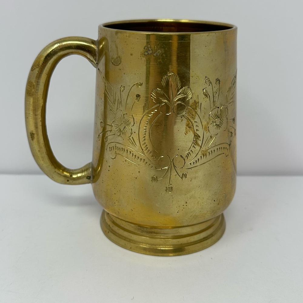Vintage Floral Etched Brass Mug Beer Tankard Stein U5